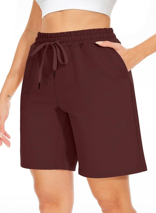 TARSE Women's Bermuda Shorts Summer Long Cotton Drawstring Loose Pocket Knee Length Shorts Yoga Casual Walking Exercise Shorts(Wine,M) - Image 1